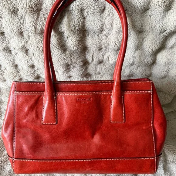 Vintage Coach Leather Satchel Handbag Orange Red Brass Hardware - Picture 5 of 7